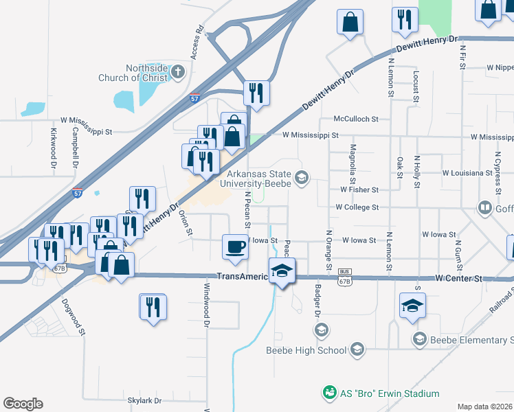 map of restaurants, bars, coffee shops, grocery stores, and more near 1300 West College Street in Beebe