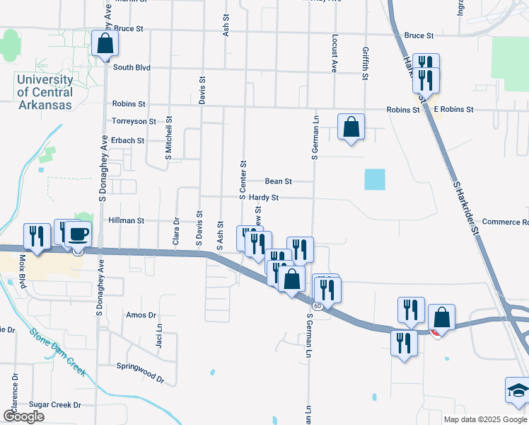 map of restaurants, bars, coffee shops, grocery stores, and more near 714 Fairview Street in Conway
