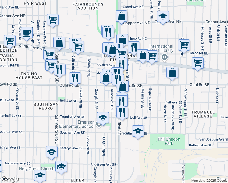 map of restaurants, bars, coffee shops, grocery stores, and more near 416 Kentucky Street Southeast in Albuquerque
