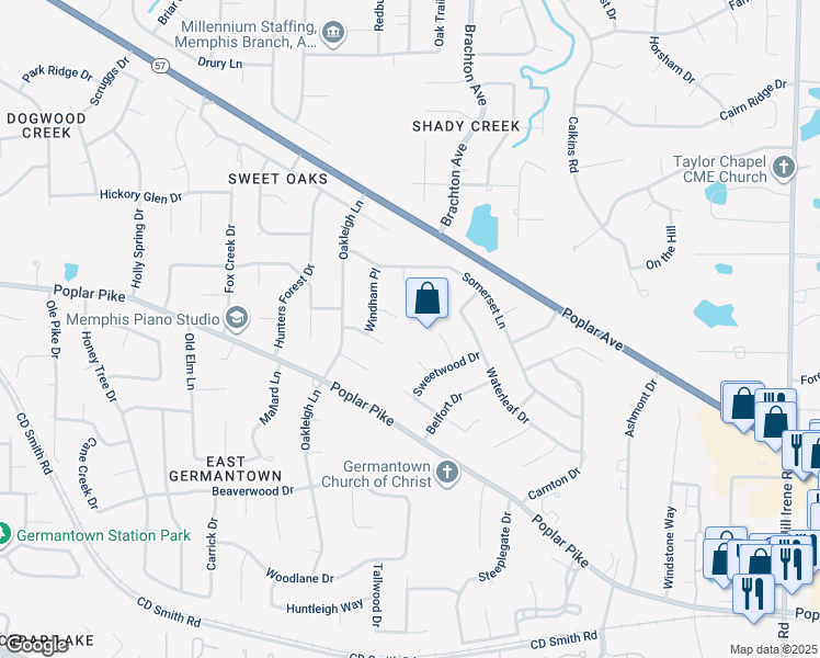 map of restaurants, bars, coffee shops, grocery stores, and more near 8653 Heatherly Cove in Germantown
