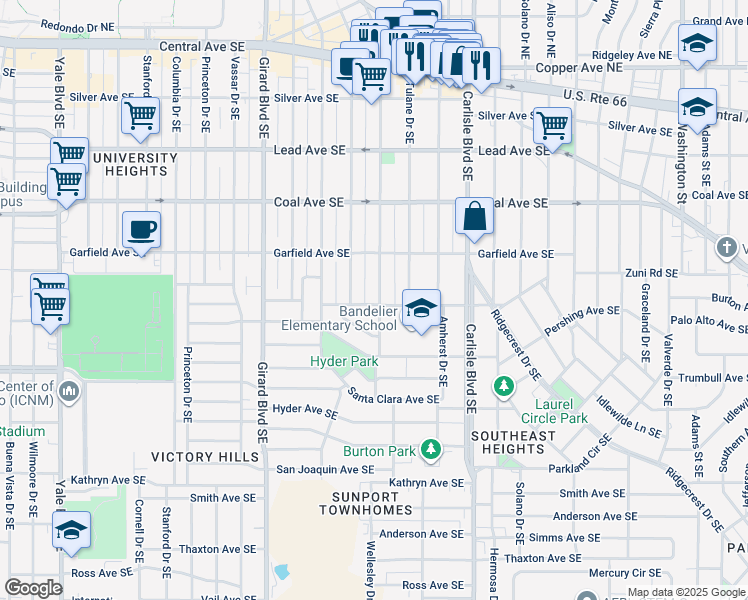 map of restaurants, bars, coffee shops, grocery stores, and more near 527 Wellesley Drive Southeast in Albuquerque