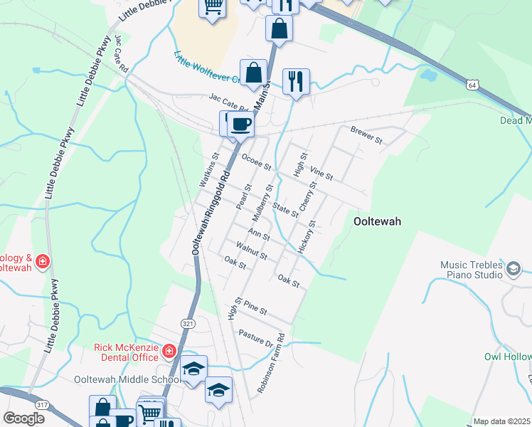 map of restaurants, bars, coffee shops, grocery stores, and more near 9508 Church Street in Ooltewah