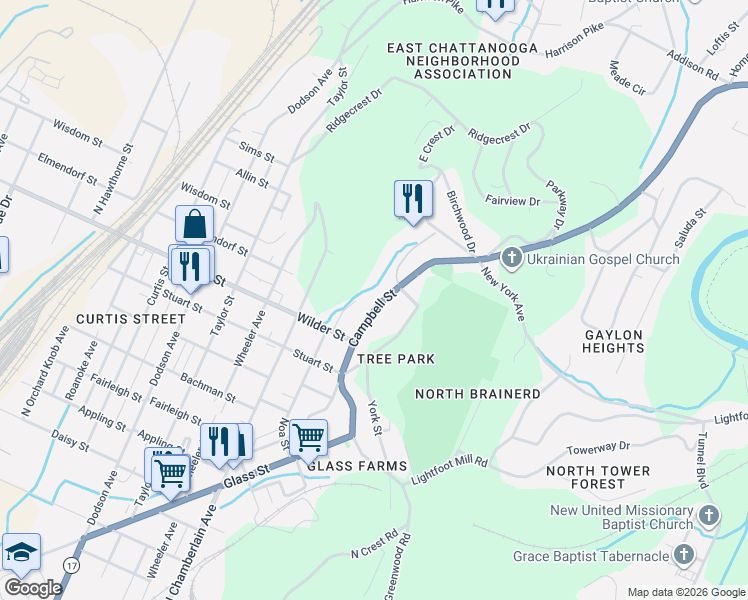 map of restaurants, bars, coffee shops, grocery stores, and more near 3206 Campbell Street in Chattanooga