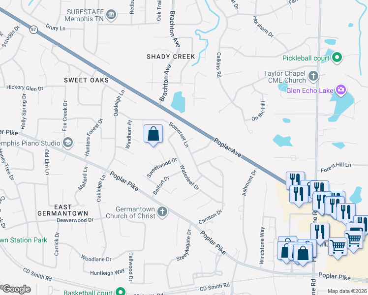 map of restaurants, bars, coffee shops, grocery stores, and more near 8765 Somerset Lane in Germantown
