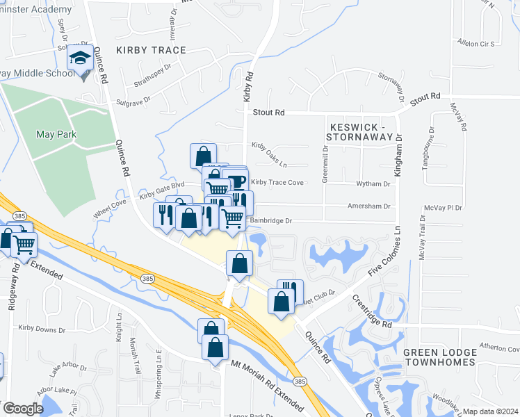 map of restaurants, bars, coffee shops, grocery stores, and more near 6649 Amersham Drive in Memphis