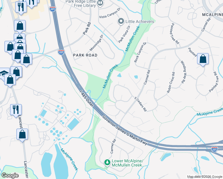 map of restaurants, bars, coffee shops, grocery stores, and more near 12018 5 Cedars Road in Charlotte