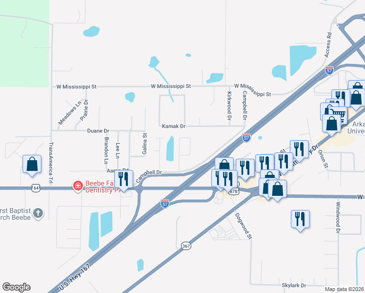 map of restaurants, bars, coffee shops, grocery stores, and more near 136 Hunter Circle in Beebe
