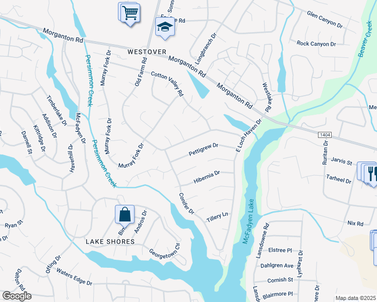 map of restaurants, bars, coffee shops, grocery stores, and more near 5850 Pettigrew Drive in Fayetteville
