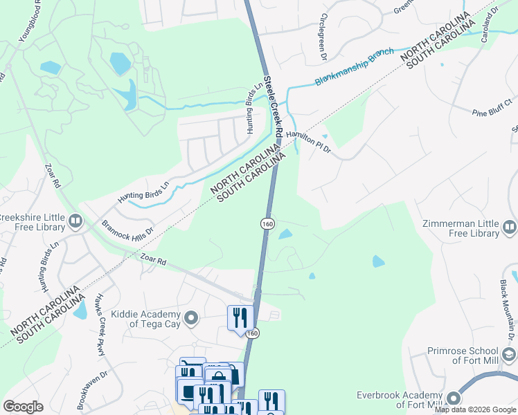 map of restaurants, bars, coffee shops, grocery stores, and more near 3251 South Carolina 160 in Fort Mill