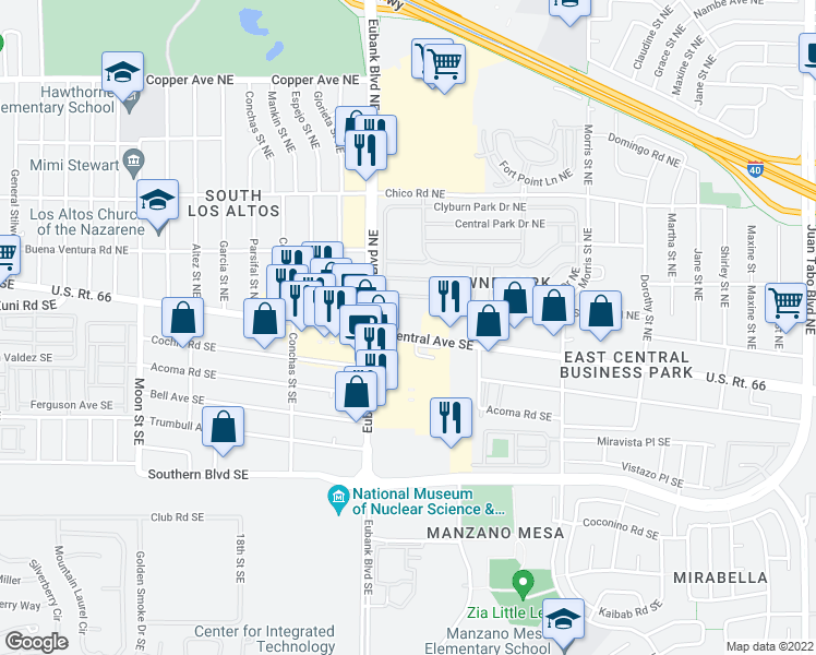 map of restaurants, bars, coffee shops, grocery stores, and more near 10501 Central Avenue Northeast in Albuquerque
