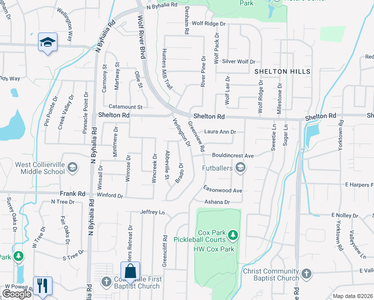 map of restaurants, bars, coffee shops, grocery stores, and more near 1195 Verlington Drive in Collierville