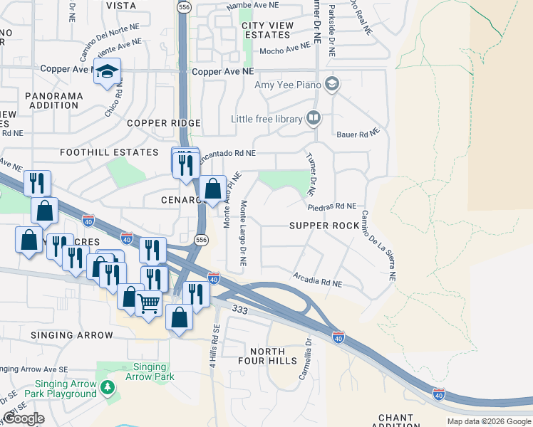 map of restaurants, bars, coffee shops, grocery stores, and more near 14001 Skyline Road Northeast in Albuquerque