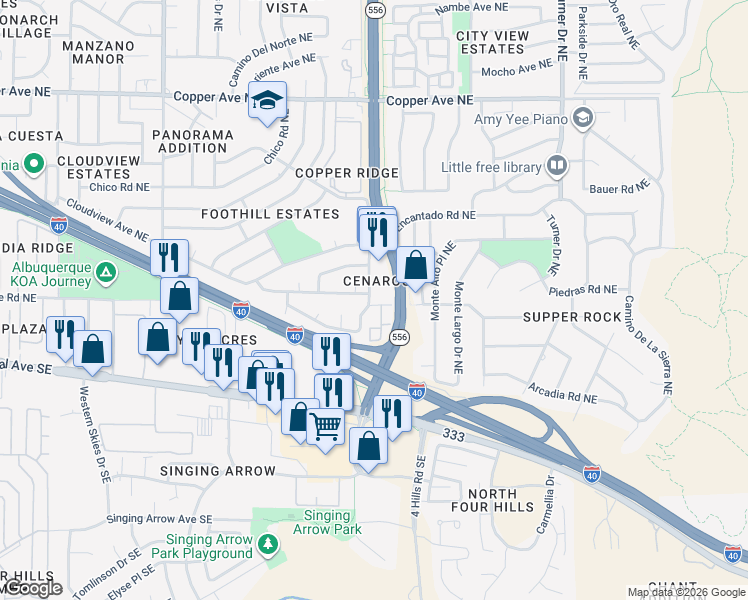 map of restaurants, bars, coffee shops, grocery stores, and more near 13452 Panorama Loop Northeast in Albuquerque