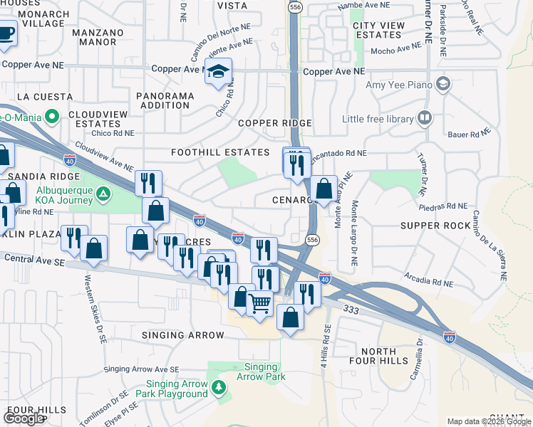 map of restaurants, bars, coffee shops, grocery stores, and more near 116 Linda View Place Northeast in Albuquerque