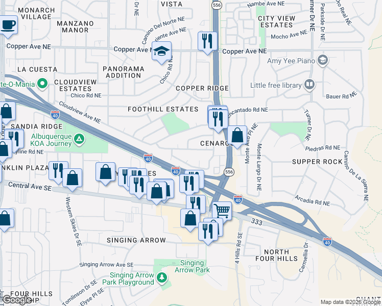 map of restaurants, bars, coffee shops, grocery stores, and more near 13221 Panorama Place Northeast in Albuquerque