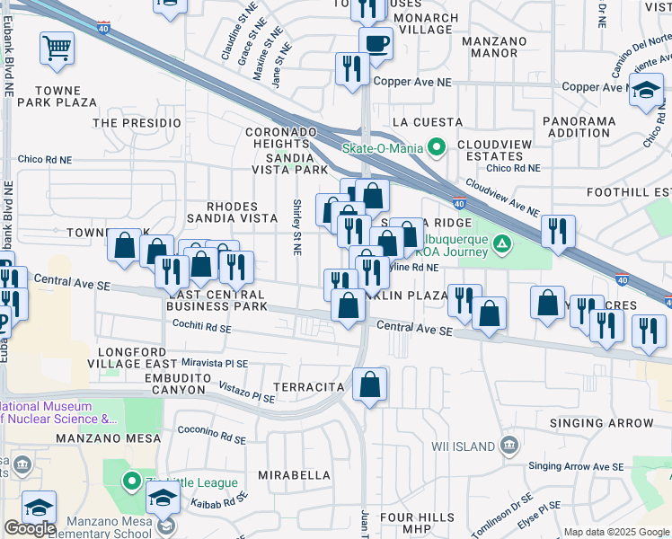 map of restaurants, bars, coffee shops, grocery stores, and more near 201 Muriel Street Northeast in Albuquerque