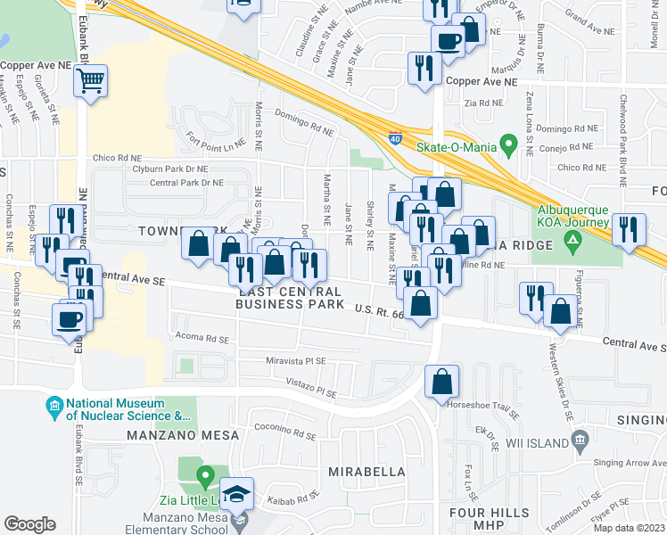 map of restaurants, bars, coffee shops, grocery stores, and more near 11500 Linn Avenue Northeast in Albuquerque