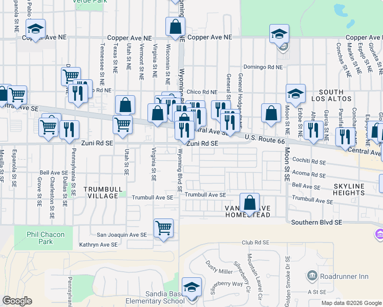 map of restaurants, bars, coffee shops, grocery stores, and more near 9500 Ferguson Avenue Southeast in Albuquerque