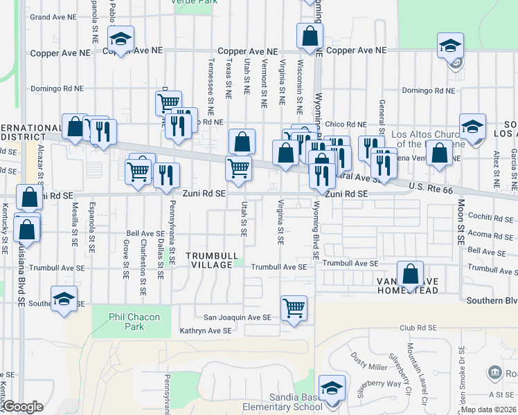 map of restaurants, bars, coffee shops, grocery stores, and more near 308 Shawnee Court South East in Albuquerque