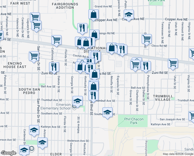 map of restaurants, bars, coffee shops, grocery stores, and more near in Albuquerque