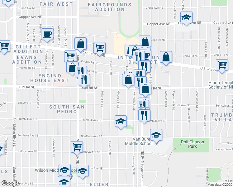 map of restaurants, bars, coffee shops, grocery stores, and more near 437 Georgia Street Southeast in Albuquerque