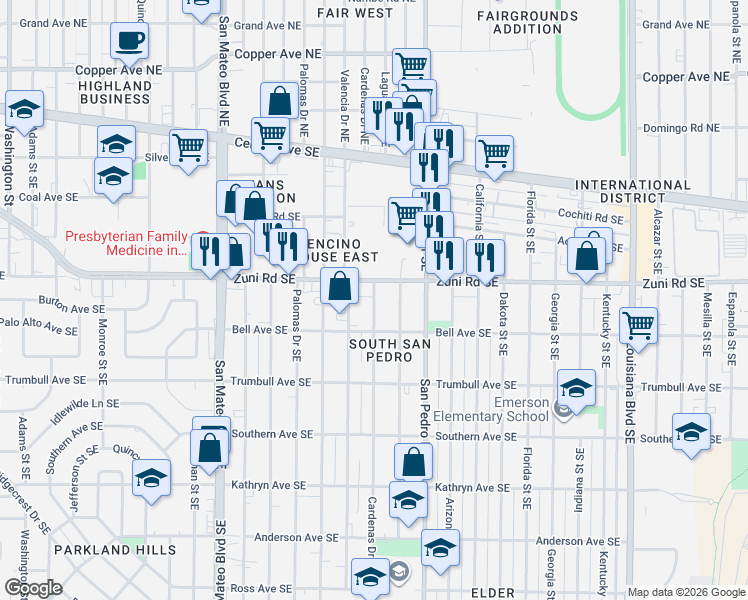 map of restaurants, bars, coffee shops, grocery stores, and more near 532 Cardenas Drive Southeast in Albuquerque