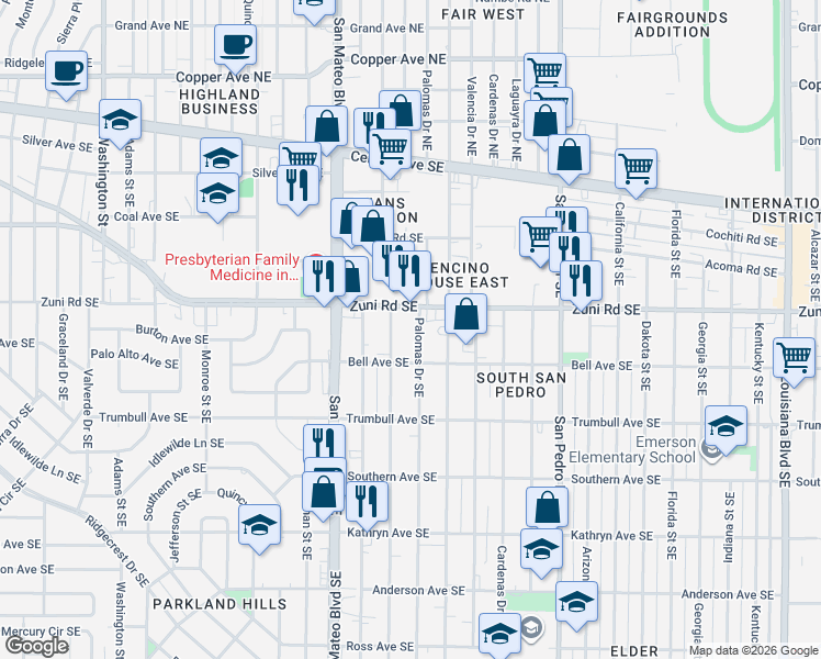map of restaurants, bars, coffee shops, grocery stores, and more near 532 Madeira Drive Southeast in Albuquerque