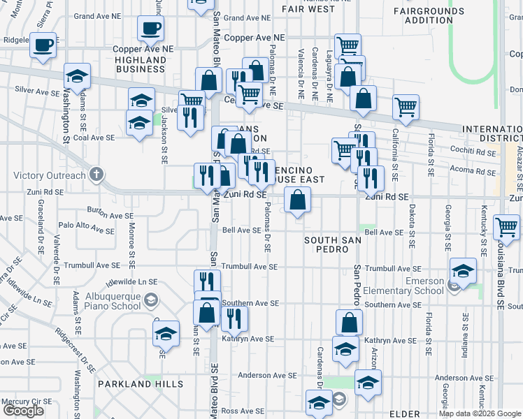 map of restaurants, bars, coffee shops, grocery stores, and more near 532 Madeira Drive Southeast in Albuquerque