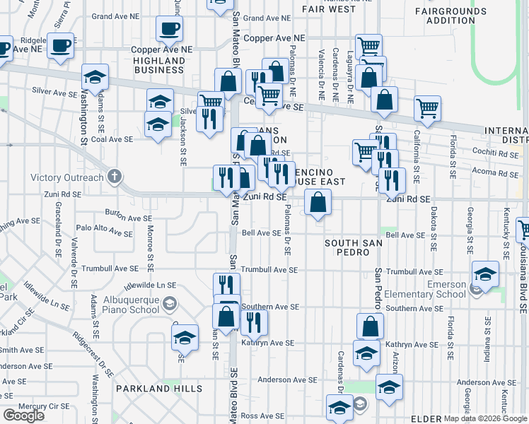 map of restaurants, bars, coffee shops, grocery stores, and more near 532 Madeira Drive Southeast in Albuquerque