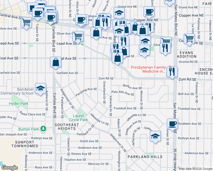 map of restaurants, bars, coffee shops, grocery stores, and more near 617 Valverde Drive Southeast in Albuquerque