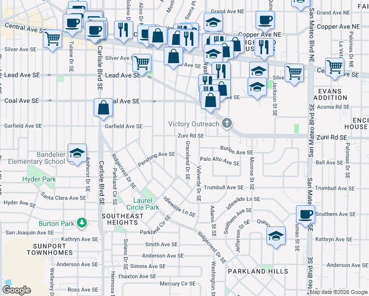 map of restaurants, bars, coffee shops, grocery stores, and more near 4300-4310 Pershing Ave SE in Albuquerque