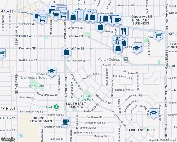 map of restaurants, bars, coffee shops, grocery stores, and more near 621 Aliso Drive Southeast in Albuquerque