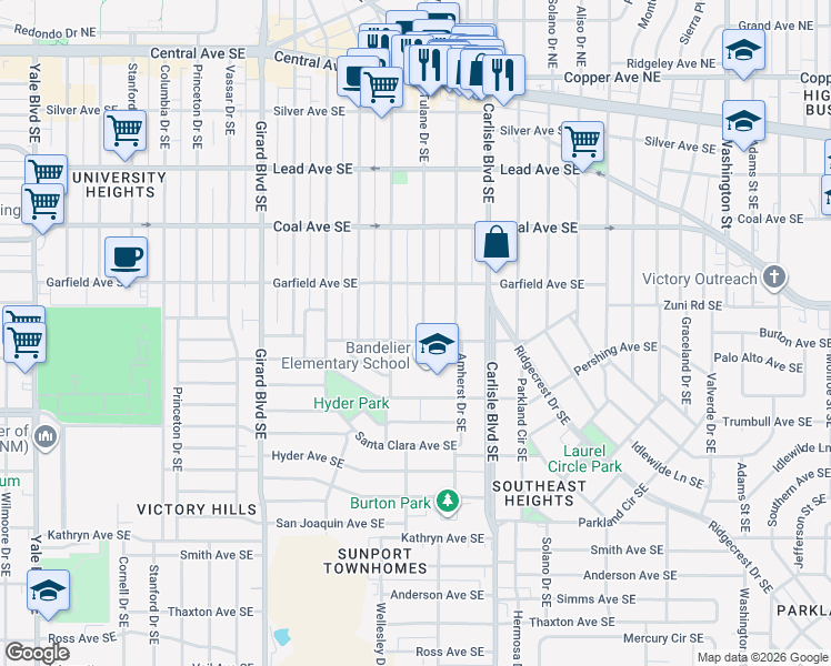 map of restaurants, bars, coffee shops, grocery stores, and more near 3305 Burton Avenue Southeast in Albuquerque