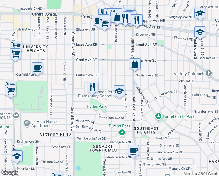 map of restaurants, bars, coffee shops, grocery stores, and more near 3305 Burton Avenue Southeast in Albuquerque