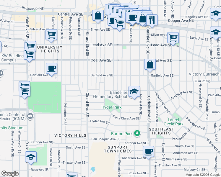 map of restaurants, bars, coffee shops, grocery stores, and more near 3205 Monterey Avenue Southeast in Albuquerque