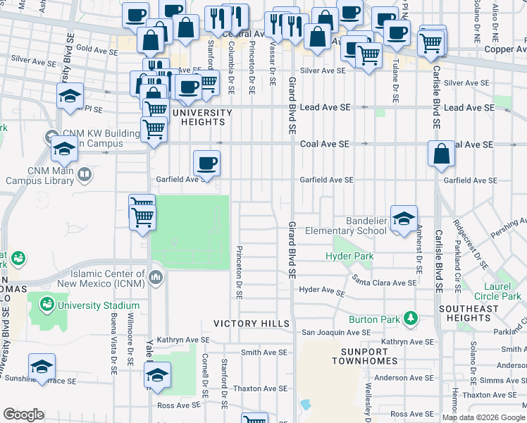 map of restaurants, bars, coffee shops, grocery stores, and more near 2723 Monterey Avenue Southeast in Albuquerque
