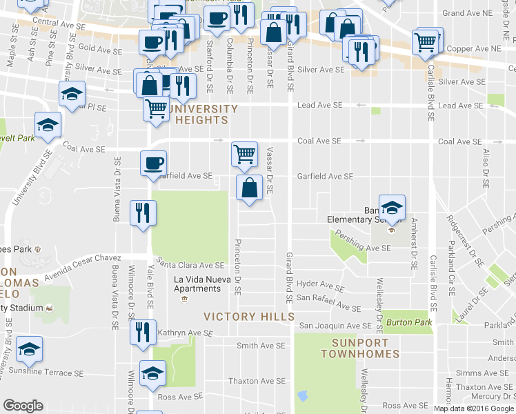 map of restaurants, bars, coffee shops, grocery stores, and more near 2723 Monterey Avenue Southeast in Albuquerque