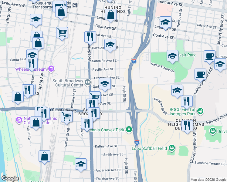 map of restaurants, bars, coffee shops, grocery stores, and more near 620 Lewis Avenue Southeast in Albuquerque