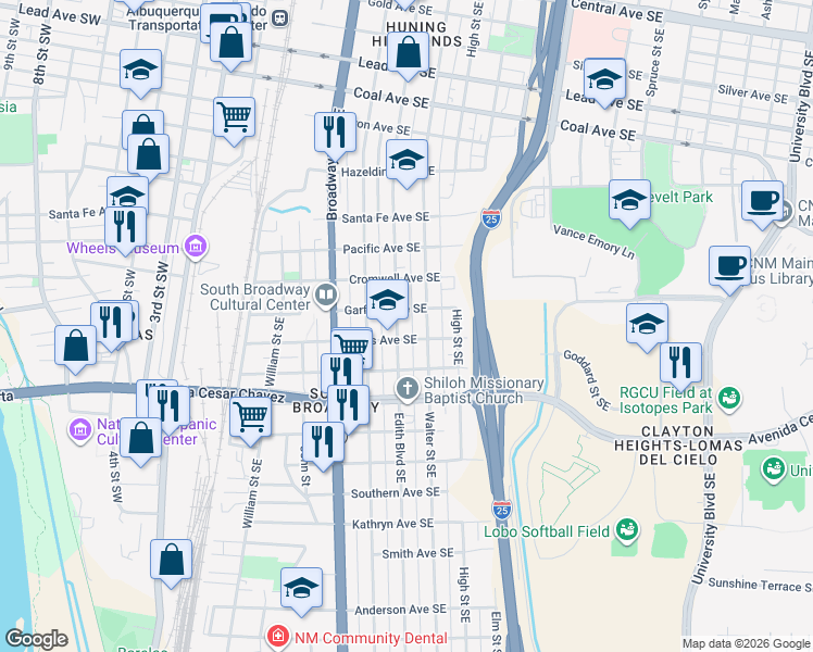 map of restaurants, bars, coffee shops, grocery stores, and more near 620 Lewis Avenue Southeast in Albuquerque
