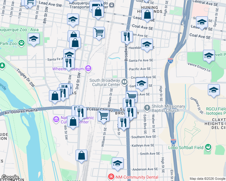 map of restaurants, bars, coffee shops, grocery stores, and more near in Albuquerque