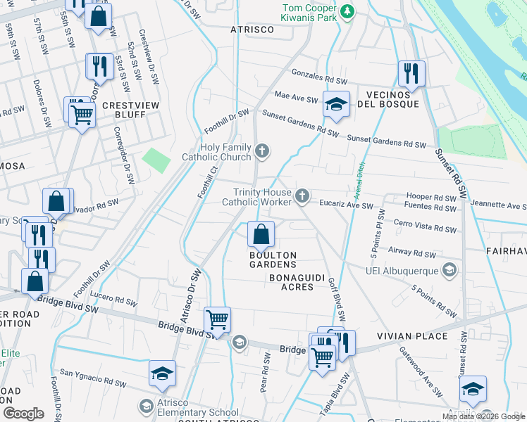 map of restaurants, bars, coffee shops, grocery stores, and more near 2001 Marston Street Southwest in Albuquerque