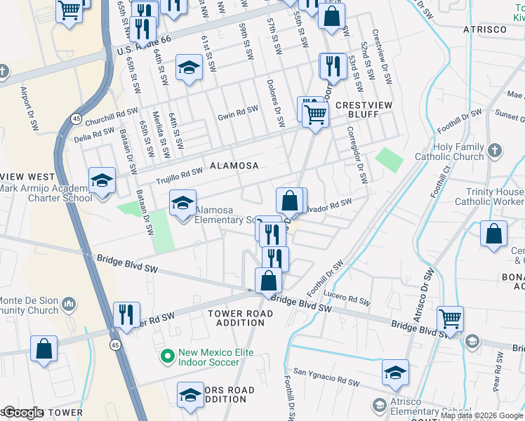 map of restaurants, bars, coffee shops, grocery stores, and more near 1200 Cortez Drive Southwest in Albuquerque