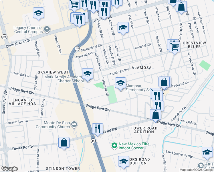 map of restaurants, bars, coffee shops, grocery stores, and more near 6715 Ivy Place Southwest in Albuquerque
