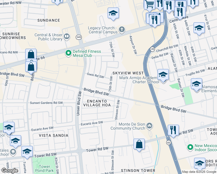 map of restaurants, bars, coffee shops, grocery stores, and more near 7500 Aster Road Southwest in Albuquerque
