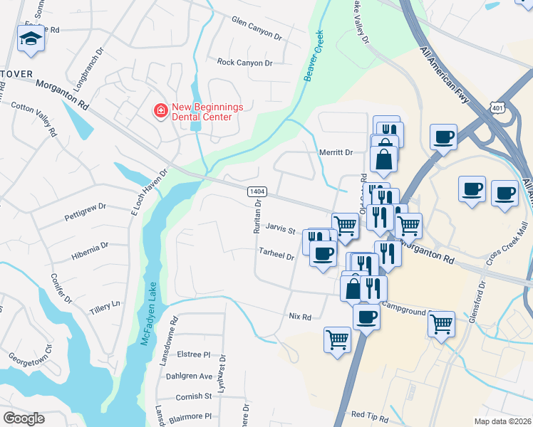 map of restaurants, bars, coffee shops, grocery stores, and more near 205 Ruritan Drive in Fayetteville