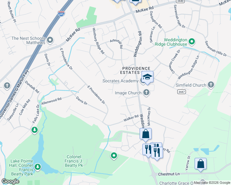 map of restaurants, bars, coffee shops, grocery stores, and more near 2938 Wheat Meadow Lane in Charlotte
