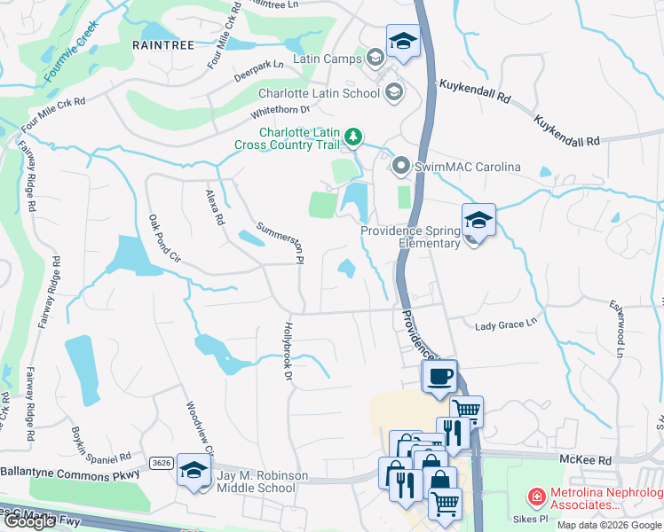 map of restaurants, bars, coffee shops, grocery stores, and more near 5300 Rockhill Ln in Charlotte