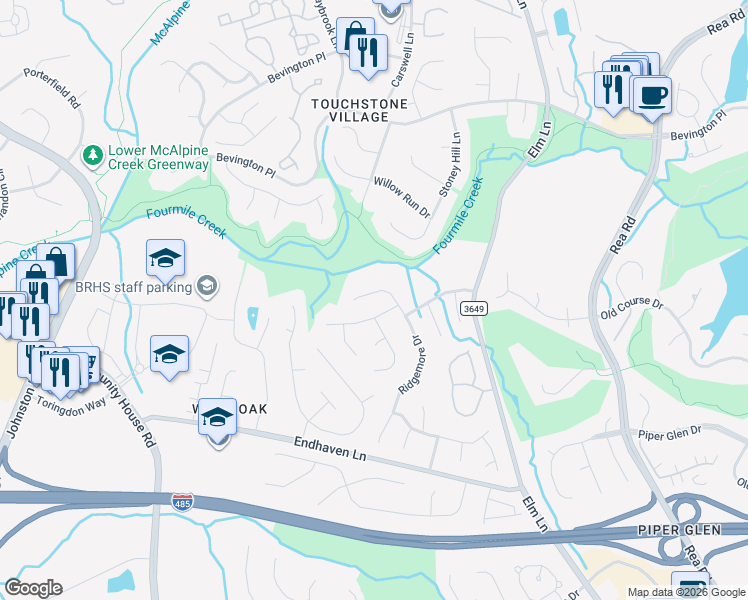 map of restaurants, bars, coffee shops, grocery stores, and more near 6328 Mock Orange Drive in Charlotte