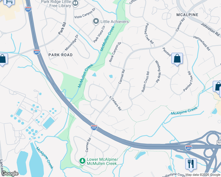 map of restaurants, bars, coffee shops, grocery stores, and more near 8123 Carmel Road in Charlotte