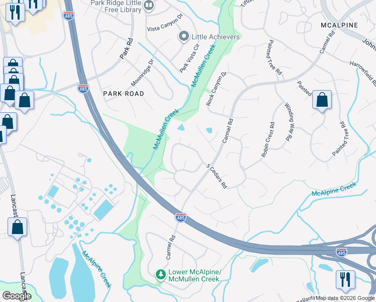 map of restaurants, bars, coffee shops, grocery stores, and more near 8204 Meadowind Circle in Charlotte